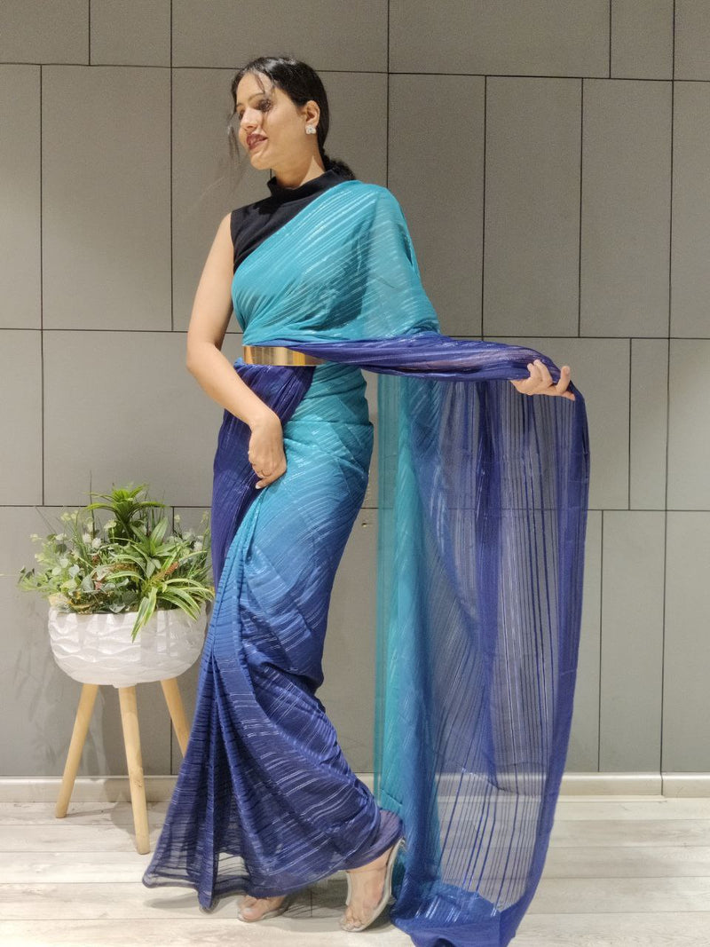 1-Min Ready to Wear Saree in Premium Nevy Blue Chiffon With Zari Patta