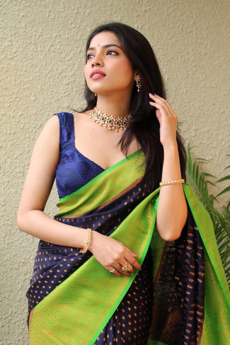 Nevy Blue Silk Saree For Wedding With Pattu Border