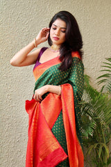 Dark Green Silk Saree For Wedding With Pattu Border