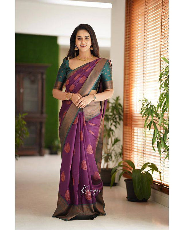 Pure Banarasi Silk Saree In Purple Color With Copper Zari Work