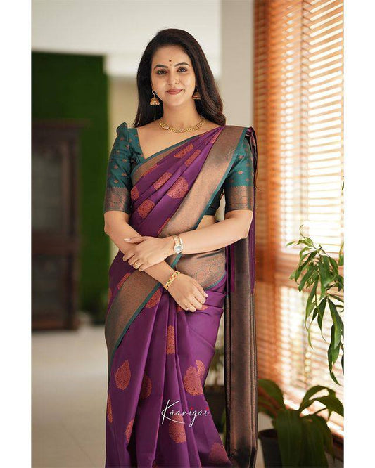 Pure Banarasi Silk Saree In Purple Color With Copper Zari Work