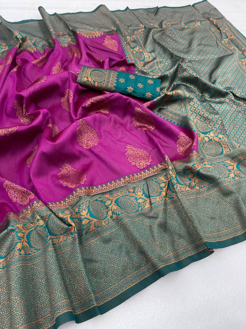 Pure Banarasi Silk Saree In Purple Color With Copper Zari Work