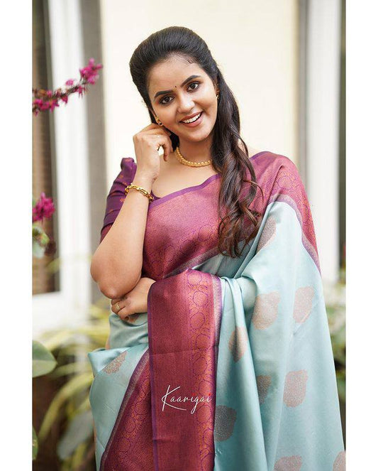 Pure Banarasi Silk Saree In Sky Blue Color With Copper Zari Work