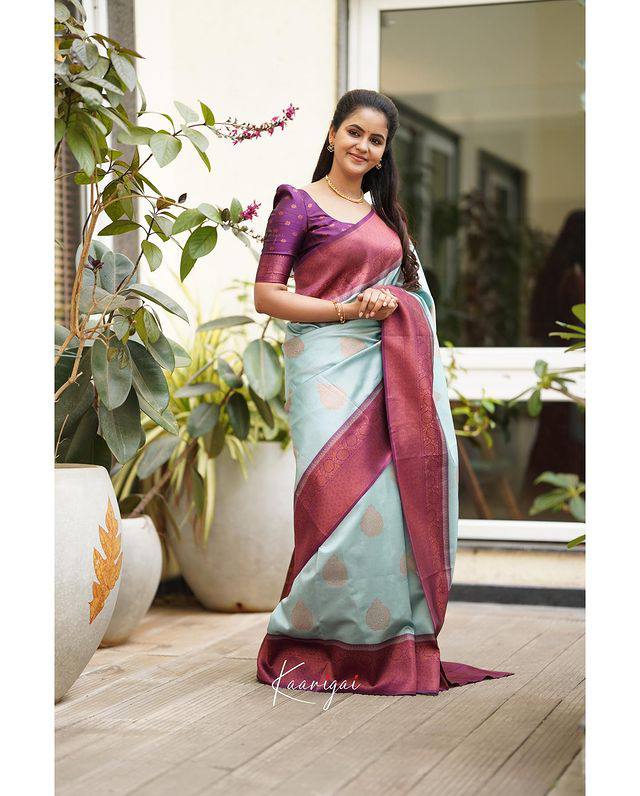 Pure Banarasi Silk Saree In Sky Blue Color With Copper Zari Work