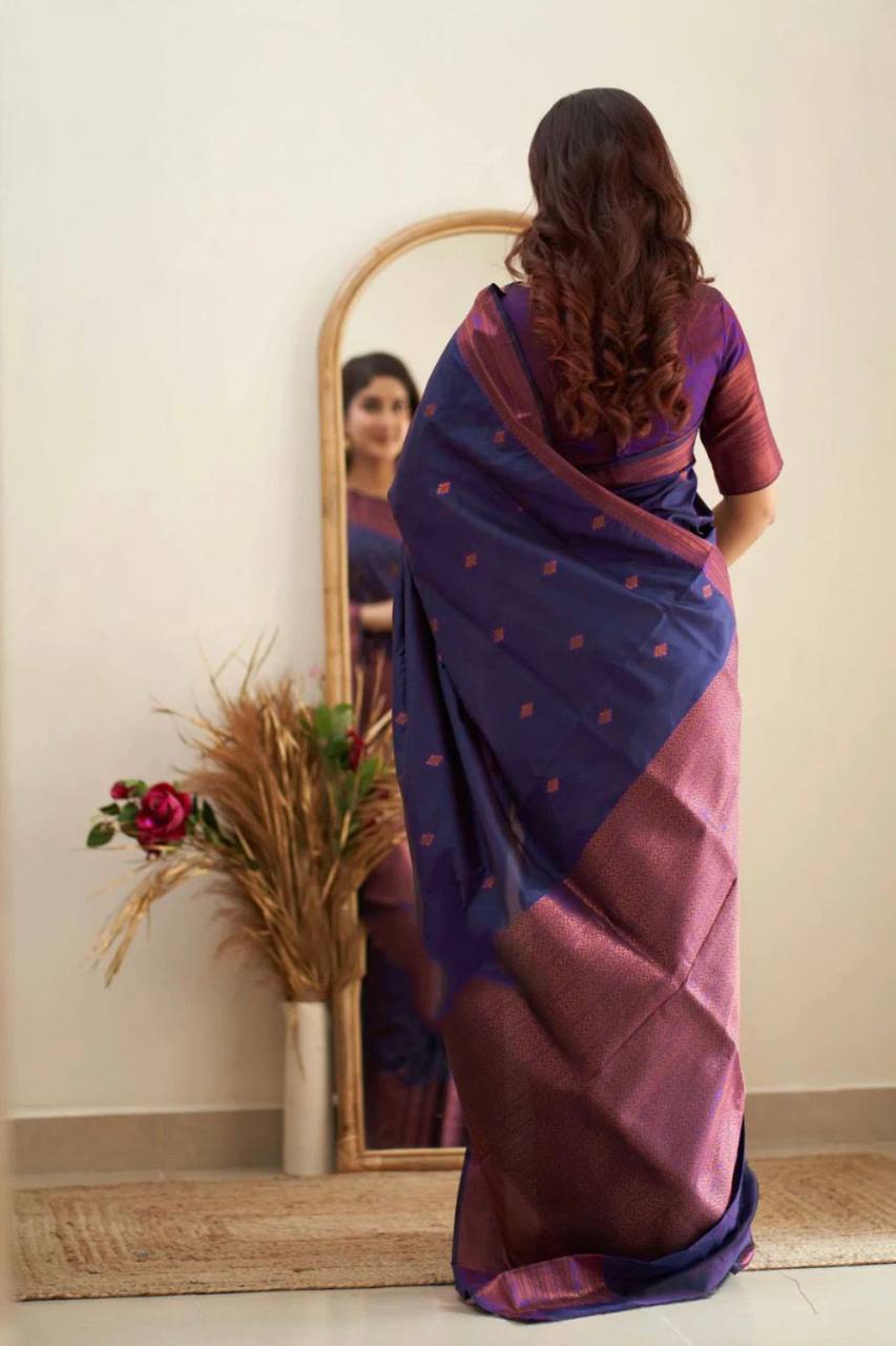 Nevy Blue Banarasi Saree With Royal Copper Zari Border