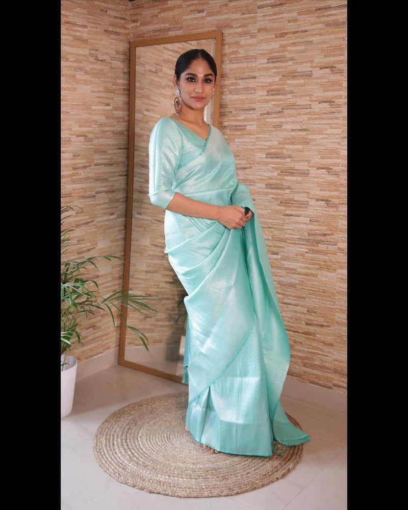 Sky Blue Kanjivaram Soft Silk Saree With Rich Pallu