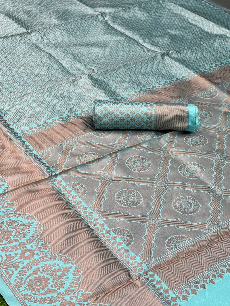 Sky Blue Banarasi Silk Saree With Royal Border Pattu