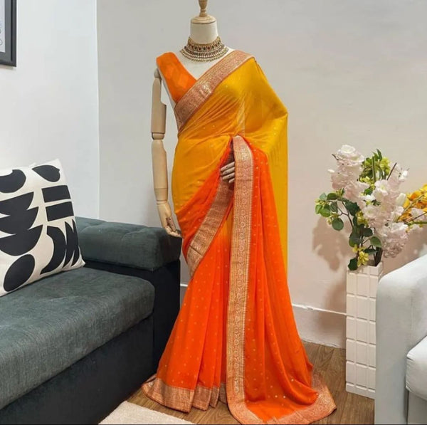 Yellow Georgette All Over Saree In Two Tone Color With Weaving Border