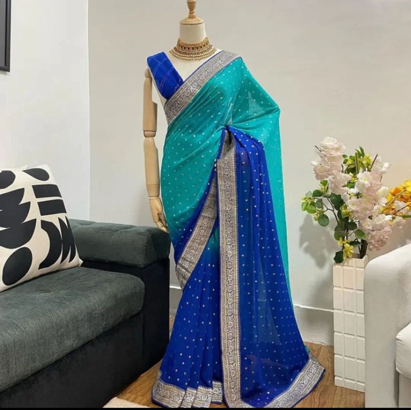 Sky Blue Heavy Georgette All Over Saree In Two Tone Color With Weaving Border