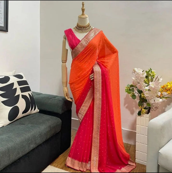 Orange Heavy Georgette All Over Saree In Two Tone Color With Weaving Border