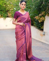 Dark Pink Kanjivaram Saree With Copper Zari Weaving With  Blouse