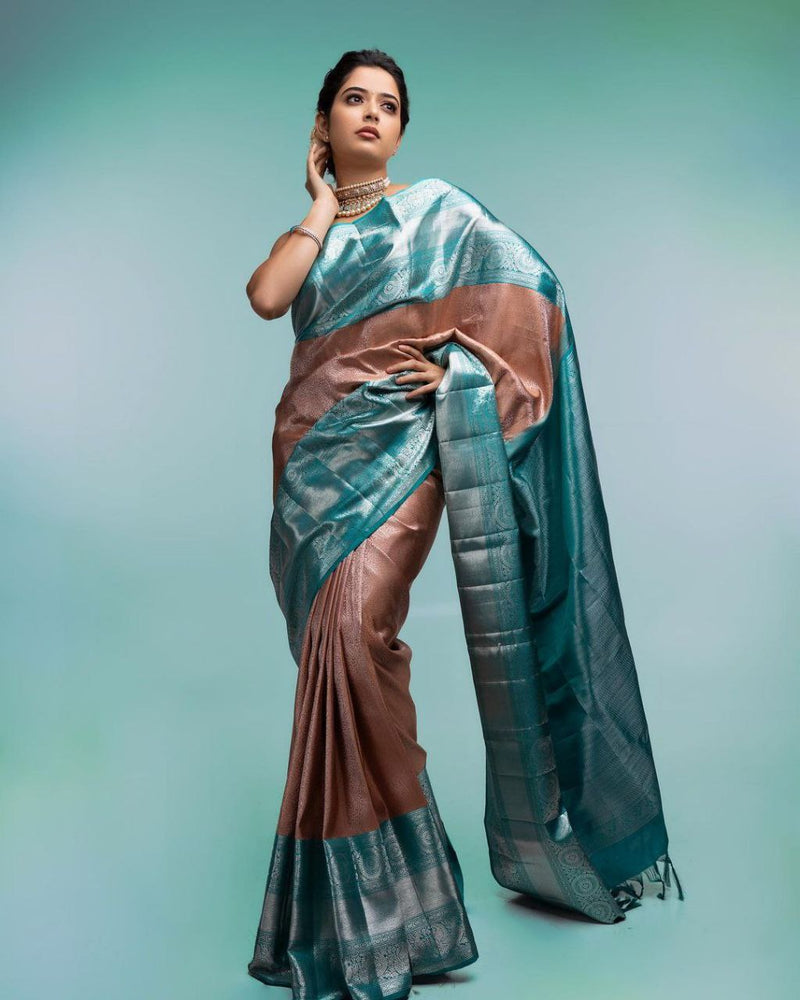 Light Brown and Sea Blue Color Soft Silk Saree With Copper Zari Work