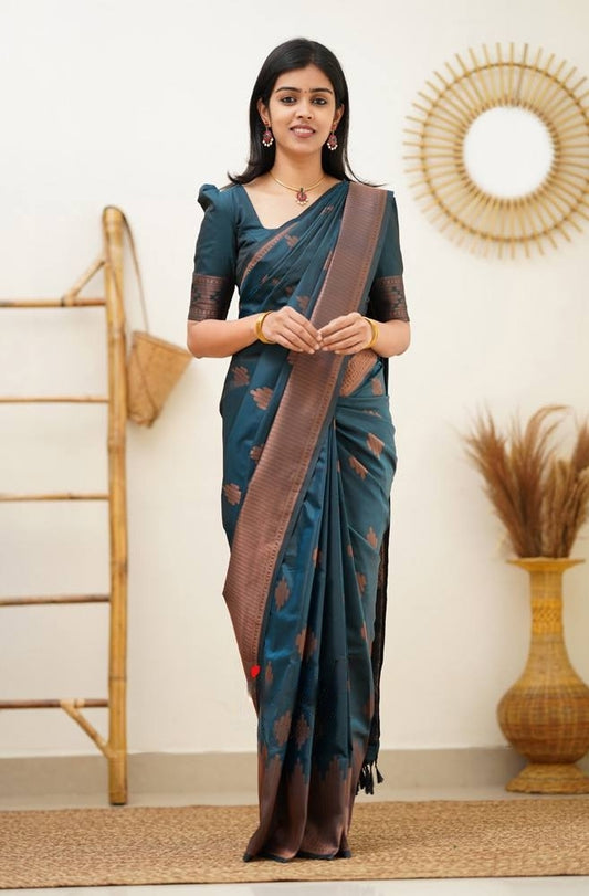 Rama Banarasi Silk Saree With Royal Copper Border Pattu